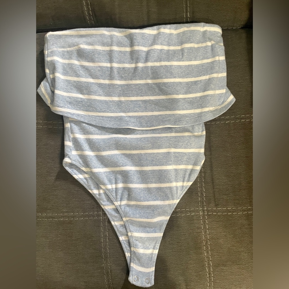 Kookai blue and white strap strapless bodysuit top (size 2)